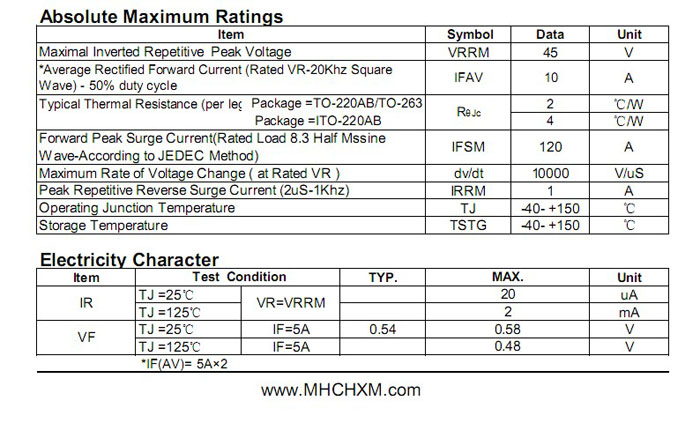 MHCHXM肖特基二极管MBR1045F