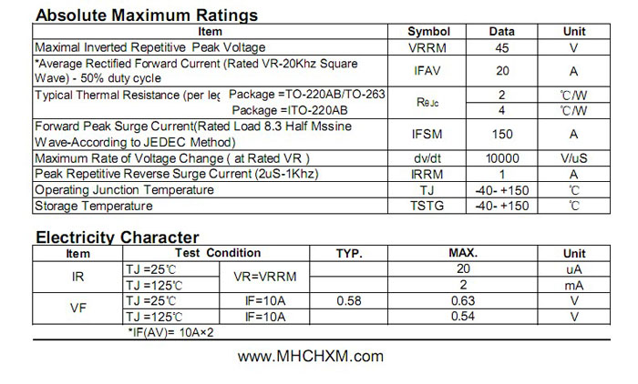 MHCHXM肖特基二极管MBR2045F