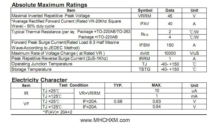 MHCHXM肖特基二极管MBR4045F