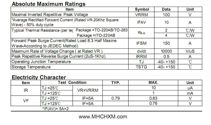 MHCHXM肖特基二极管MBR10100F