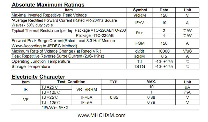 <a href='/' class='keys' title='点击查看关于MHCHXM的相关信息' target='_blank'>MHCHXM</a>肖特基二极管MBR10150F