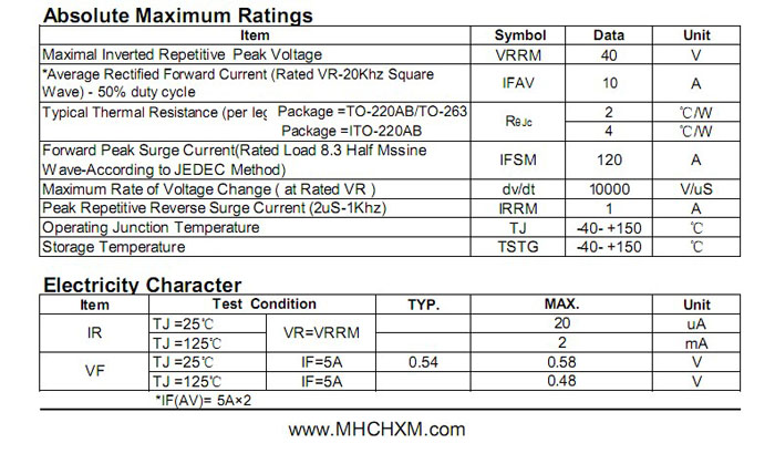 MHCHXM品牌肖特基二极管MBR1040F