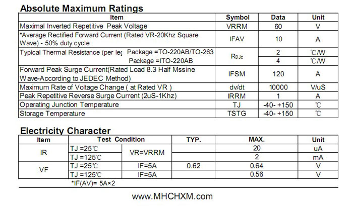 MHCHXM品牌肖特基二极管MBR1060F