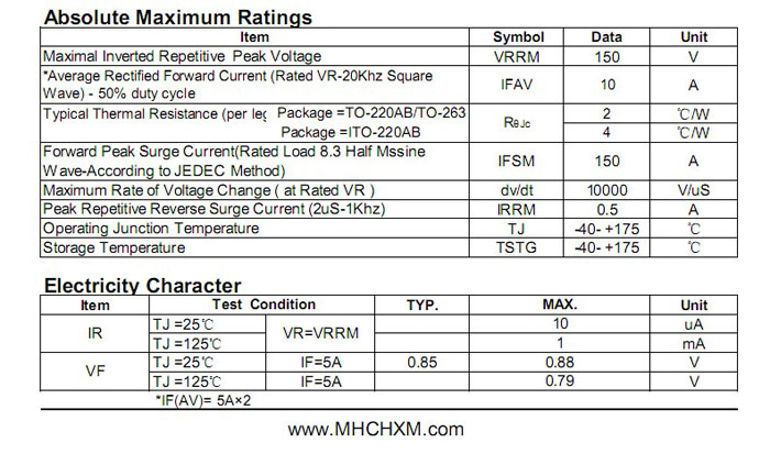 MHCHXM品牌肖特基二极管MBR10150F