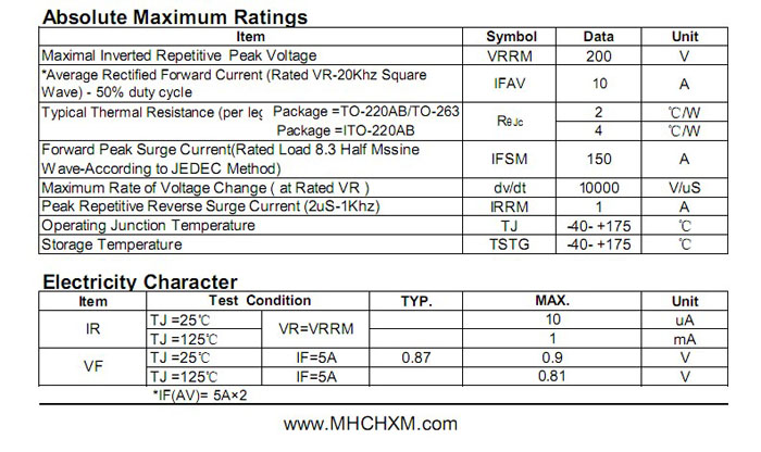 MHCHXM品牌肖特基二极管MBR10200F