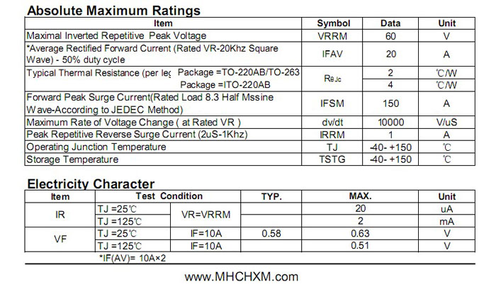 MHCHXM品牌肖特基二极管MBR2060F