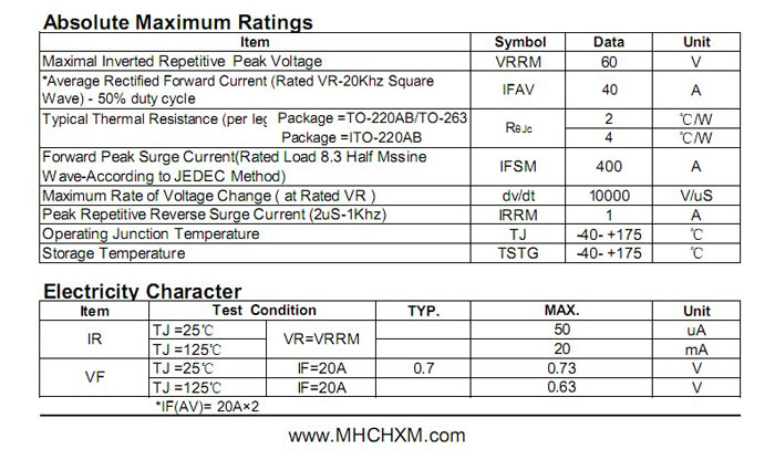 MHCHXM品牌肖特基二极管MBR4060F