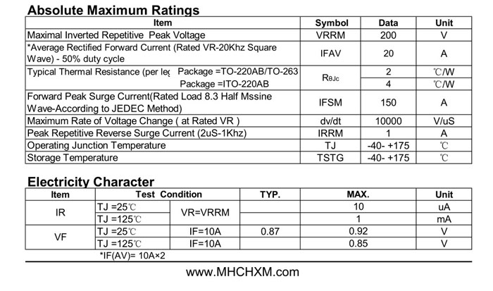 MHCHXM品牌肖特基二极管MBR20200F