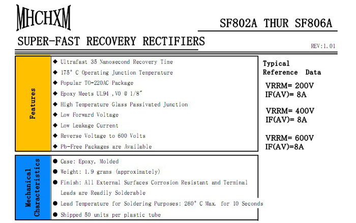 SFF804A超快恢复二极管参数规格书，MHCHXM品牌